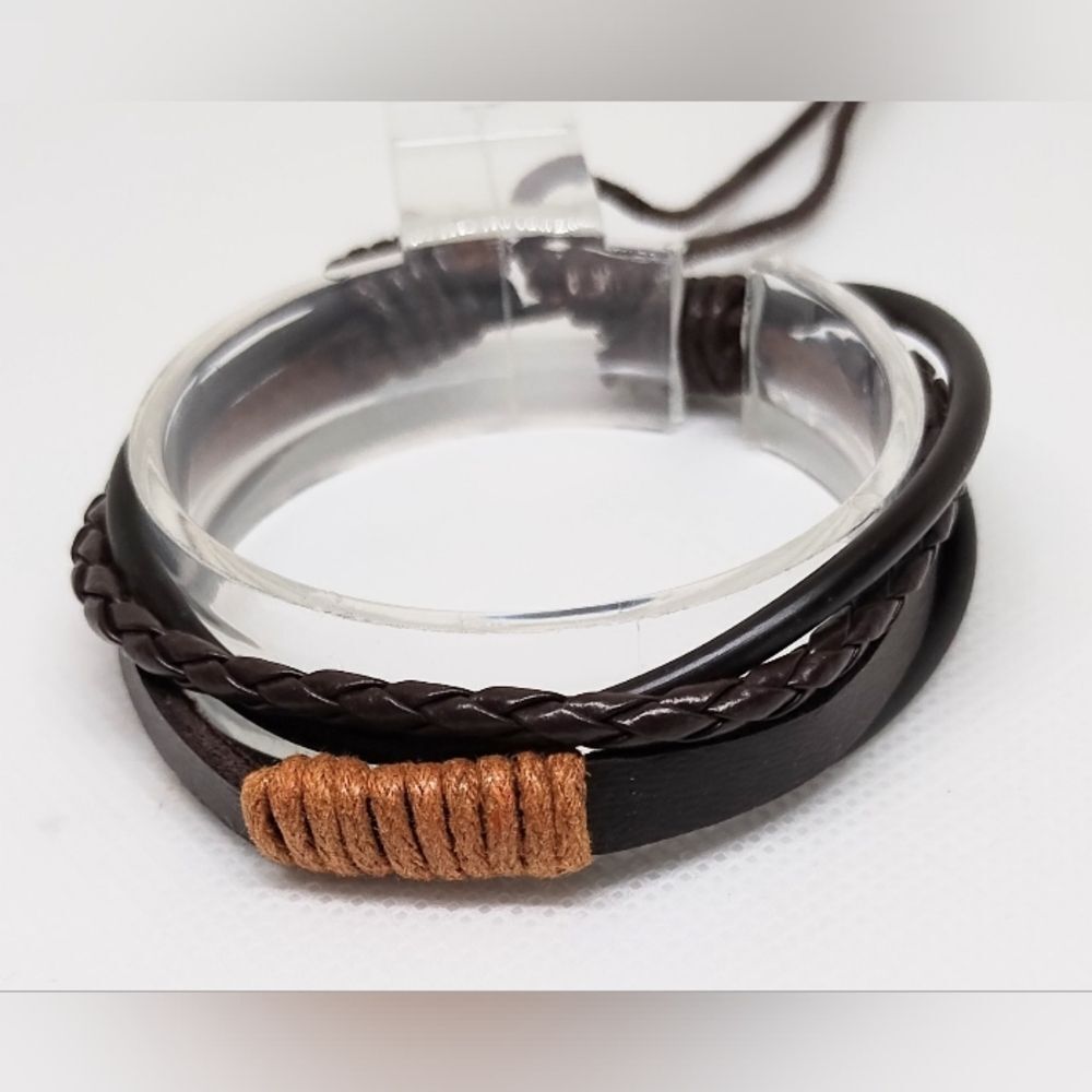 Men's bracelet leather layered‎ brown new e74
